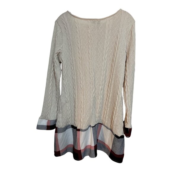 Reborn Women’s S Winter White Cable Knit Sweater Tunic – Plaid Trim Hem – Size S - Picture 3 of 6